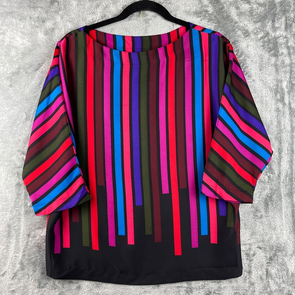 Trina Turk Top Womens XS Rainbow Stripe Colorful Whimsical Blouse 3/4 Sleevesโ